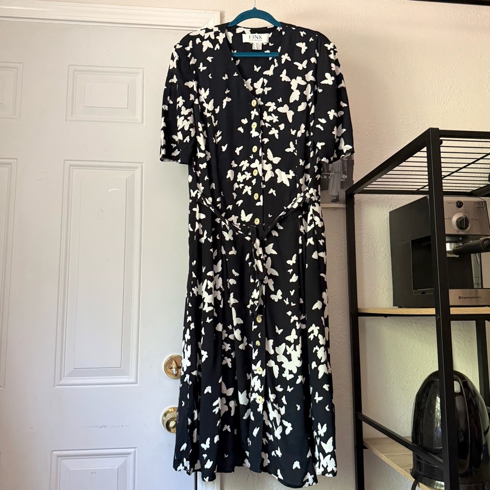 FINK black and white butterfly print viscose short sleeve‎ belted button up midi